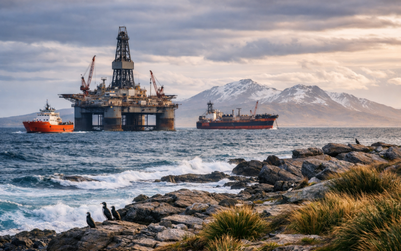 Representative image of offshore oil exploration activity in the North Falkland Basin, highlighting the strategic region where Eco (Atlantic) Oil and Gas Ltd is acquiring JHI Associates to secure a 35% stake in the PL001 licence adjacent to the Sea Lion oil field operated by Navitas Petroleum.