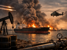 Representative image of an oil tanker and offshore energy infrastructure amid military tension, illustrating the global oil market shock as Brent crude tops $105 and the Strait of Hormuz disruption triggers the largest supply crisis in modern energy trade.