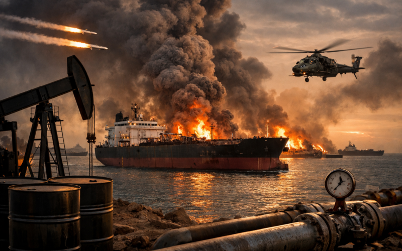 Representative image of an oil tanker and offshore energy infrastructure amid military tension, illustrating the global oil market shock as Brent crude tops $105 and the Strait of Hormuz disruption triggers the largest supply crisis in modern energy trade.