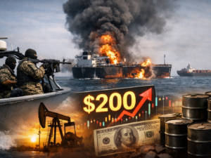 Representative image showing an oil tanker under attack in the Strait of Hormuz as tensions involving Iran’s Islamic Revolutionary Guard Corps raise fears of a major supply disruption that analysts warn could push global oil prices toward $200 per barrel.