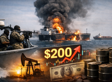 Representative image showing an oil tanker under attack in the Strait of Hormuz as tensions involving Iran’s Islamic Revolutionary Guard Corps raise fears of a major supply disruption that analysts warn could push global oil prices toward $200 per barrel.