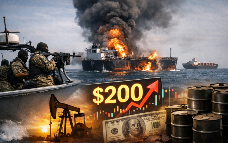 Representative image showing an oil tanker under attack in the Strait of Hormuz as tensions involving Iran’s Islamic Revolutionary Guard Corps raise fears of a major supply disruption that analysts warn could push global oil prices toward $200 per barrel.