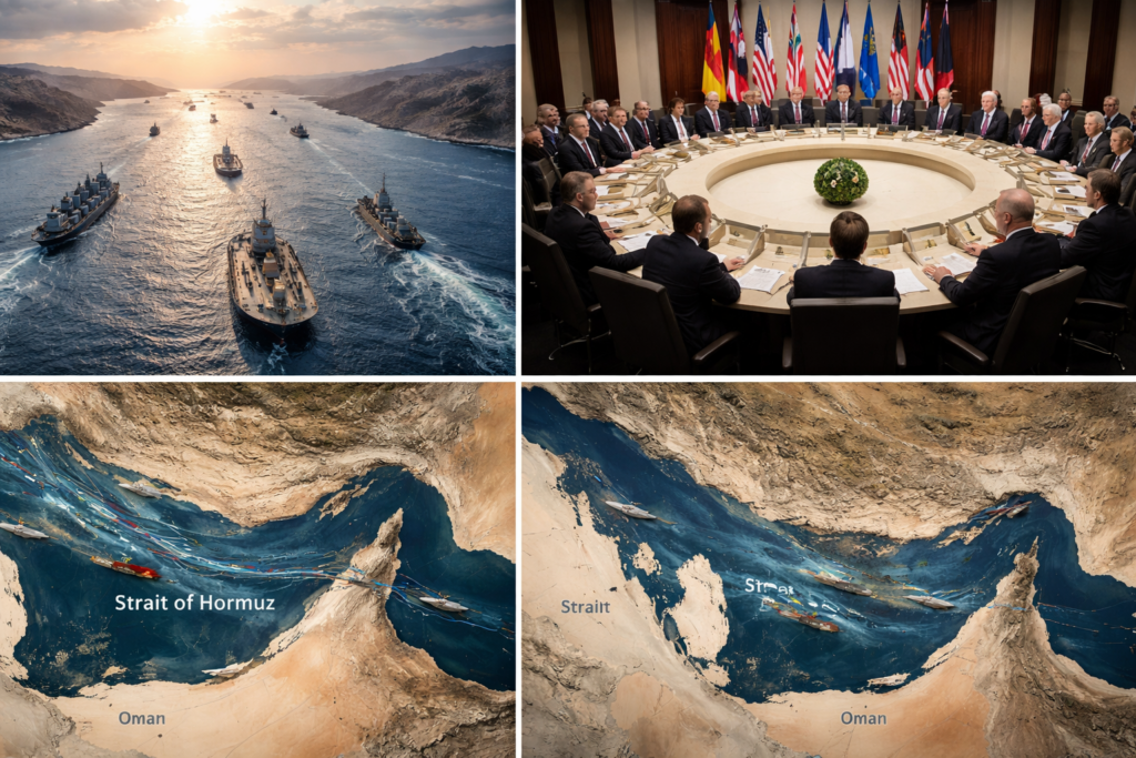 Representative image of oil tankers and naval forces in the Strait of Hormuz, highlighting rising geopolitical tensions as G7 and allied nations condemn Iran’s actions and warn of global energy supply disruption.