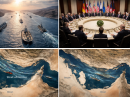 Representative image of oil tankers and naval forces in the Strait of Hormuz, highlighting rising geopolitical tensions as G7 and allied nations condemn Iran’s actions and warn of global energy supply disruption.