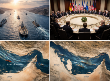 Representative image of oil tankers and naval forces in the Strait of Hormuz, highlighting rising geopolitical tensions as G7 and allied nations condemn Iran’s actions and warn of global energy supply disruption.