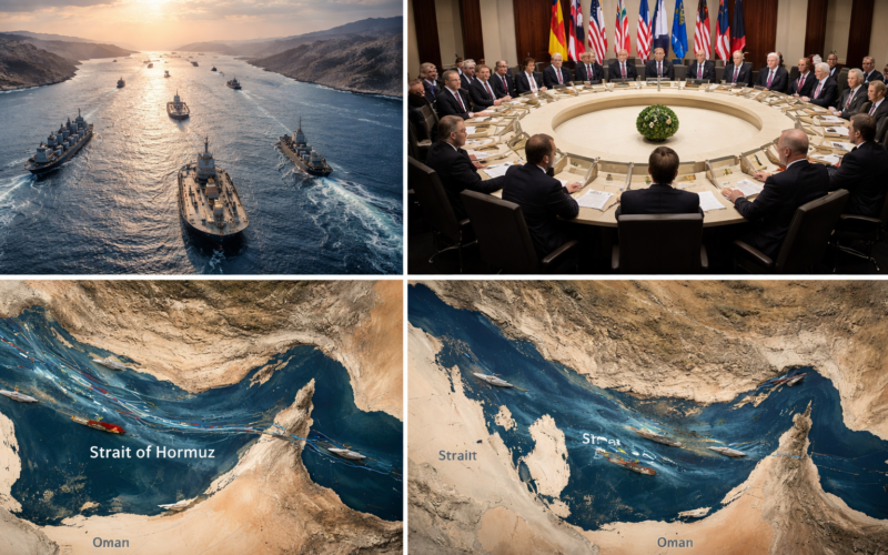 Representative image of oil tankers and naval forces in the Strait of Hormuz, highlighting rising geopolitical tensions as G7 and allied nations condemn Iran’s actions and warn of global energy supply disruption.