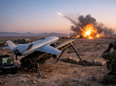A low-cost one-way attack drone positioned on a mobile launcher during a simulated combat scenario, reflecting the rapid operational deployment of the SpektreWorks LUCAS unmanned combat system in recent U.S. strikes on Iran.
