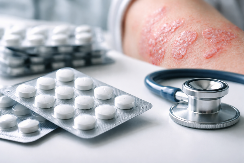 Representative image of oral psoriasis treatment, illustrating Takeda Pharmaceutical Company Limited’s zasocitinib Phase 3 results and the growing competition in once-daily plaque psoriasis pills.