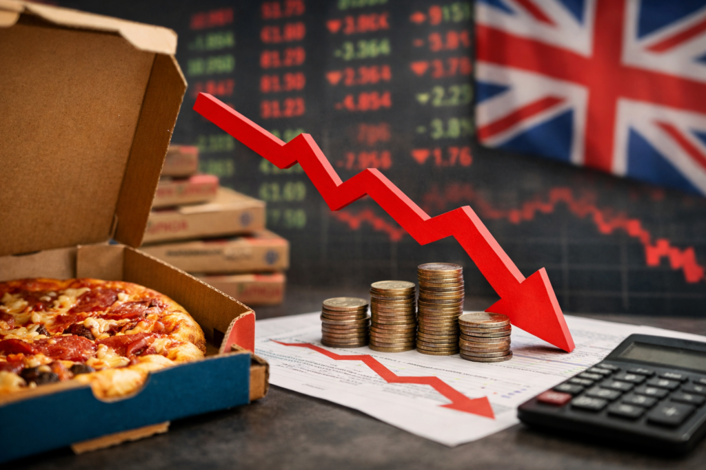 Representative image of pizza boxes and financial charts illustrating Domino's Pizza Group FY25 results, as profits fall sharply amid rising supply chain costs and a weak UK consumer environment.