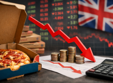 Representative image of pizza boxes and financial charts illustrating Domino's Pizza Group FY25 results, as profits fall sharply amid rising supply chain costs and a weak UK consumer environment.