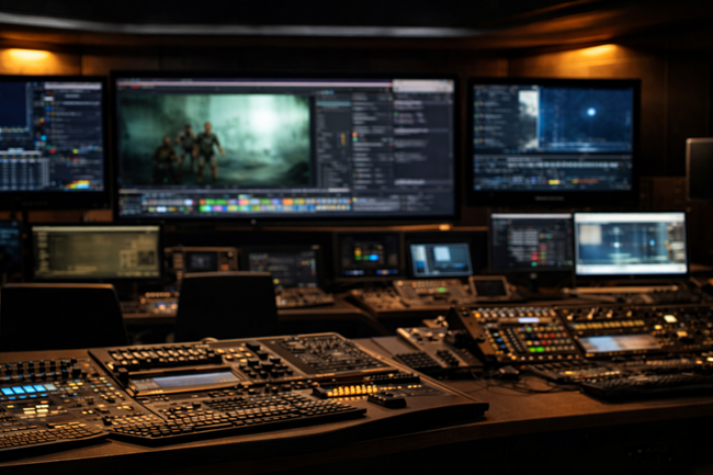 Representative image: A professional film editing and post-production suite illustrating the type of AI-assisted filmmaking workflows at the center of Netflix, Inc.’s acquisition of Ben Affleck’s film-technology startup InterPositive.
