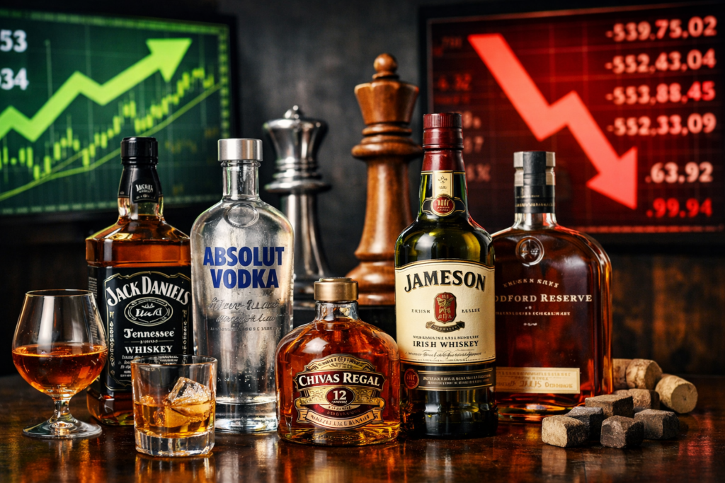 Representative image of premium spirits bottles and market screens illustrating the Pernod Ricard SA and Brown-Forman Corporation merger talks that could reshape the global spirits industry.