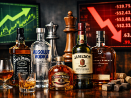 Representative image of premium spirits bottles and market screens illustrating the Pernod Ricard SA and Brown-Forman Corporation merger talks that could reshape the global spirits industry.