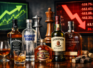 Representative image of premium spirits bottles and market screens illustrating the Pernod Ricard SA and Brown-Forman Corporation merger talks that could reshape the global spirits industry.