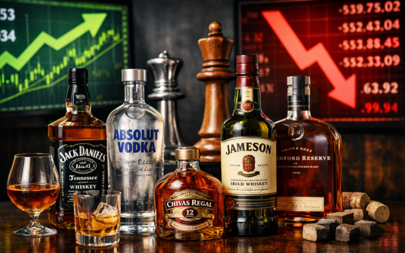 Representative image of premium spirits bottles and market screens illustrating the Pernod Ricard SA and Brown-Forman Corporation merger talks that could reshape the global spirits industry.