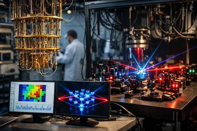 Representative image of a quantum computing lab setup showing superconducting and neutral atom research systems, illustrating Google’s two-qubit strategy and what its neutral atom expansion could mean for IonQ, QuEra, and the future of quantum computing.