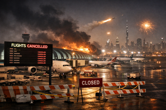 Representative image: Flights sit grounded on rain-soaked tarmac as airport operations halt across the Gulf after Iran fires missiles toward Dubai, Kuwait, and Bahrain following the United States–Israel attack, triggering one of the largest aviation disruptions since 2020.
