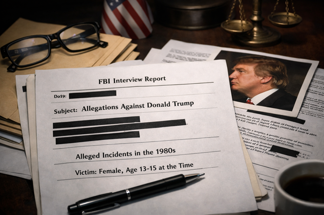 Representative image: Investigative documents and a redacted FBI interview report related to allegations referenced in the DOJ’s release of previously withheld Epstein files, including uncorroborated claims involving Donald Trump.