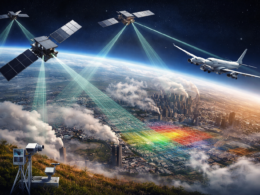 Representative image of satellite-based carbon monitoring over an urban-industrial region, illustrating how the Axelspace-led JAXA Space Strategy Fund project could advance source-specific CO2 emissions tracking and next-generation Earth observation in Japan.