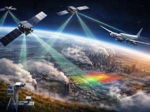 Representative image of satellite-based carbon monitoring over an urban-industrial region, illustrating how the Axelspace-led JAXA Space Strategy Fund project could advance source-specific CO2 emissions tracking and next-generation Earth observation in Japan.