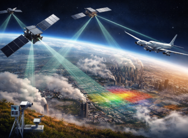Representative image of satellite-based carbon monitoring over an urban-industrial region, illustrating how the Axelspace-led JAXA Space Strategy Fund project could advance source-specific CO2 emissions tracking and next-generation Earth observation in Japan.