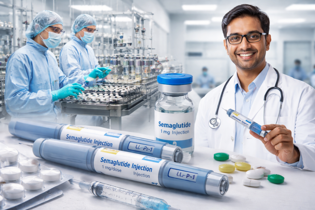 Representative image of semaglutide injection pens and vials, highlighting Glenmark Pharmaceuticals’ GLIPIQ launch in India as the generic GLP-1 diabetes treatment market begins following patent expiry.
