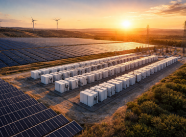 Representative image of a large-scale solar farm paired with grid-scale battery storage infrastructure, reflecting the type of clean energy assets operated by IPX Power following the Intersect Power restructuring and Google-linked transaction.