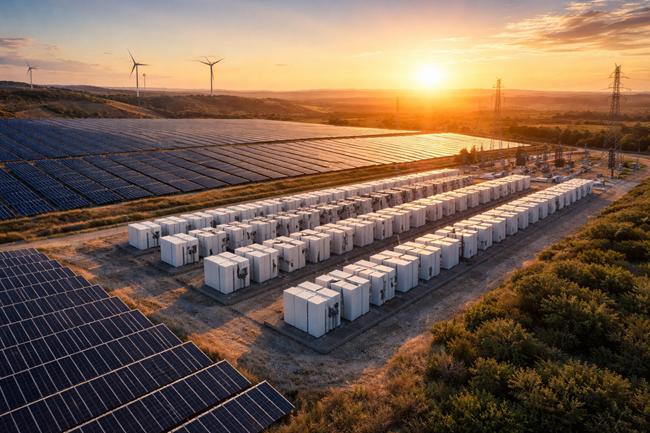 Representative image of a large-scale solar farm paired with grid-scale battery storage infrastructure, reflecting the type of clean energy assets operated by IPX Power following the Intersect Power restructuring and Google-linked transaction.