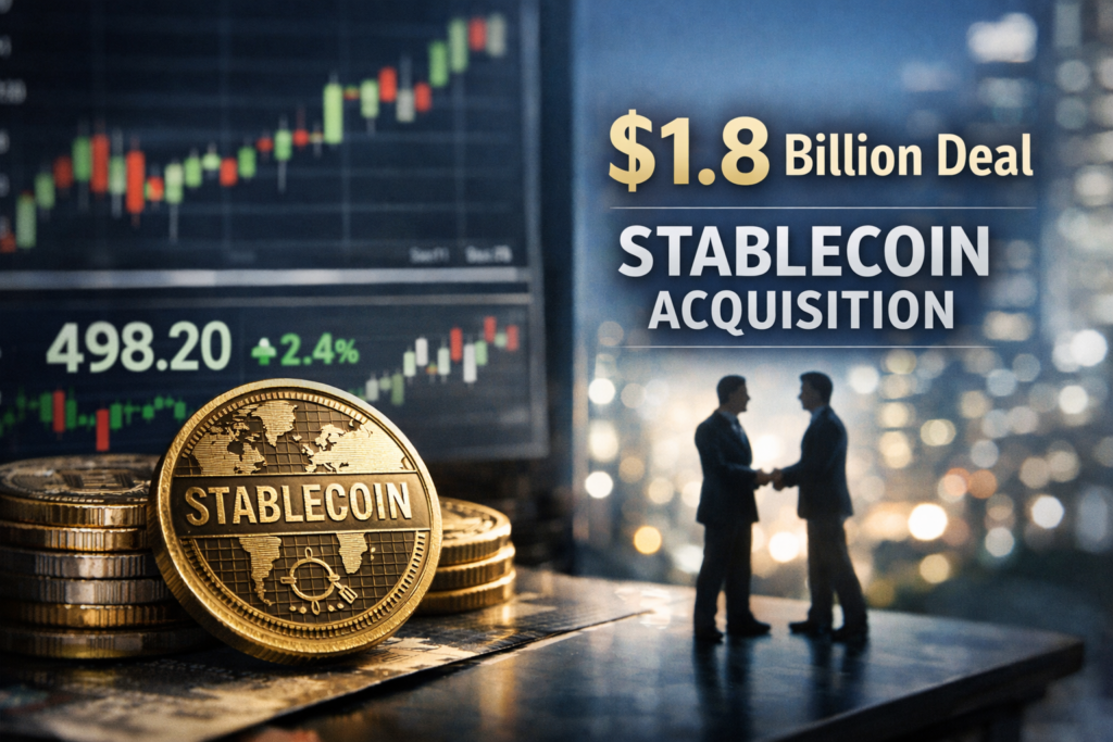 Representative image of a stablecoin payment transaction illustrating Mastercard Incorporated’s $1.8 billion acquisition of BVNK, a landmark deal aimed at expanding Mastercard’s global payments network into blockchain-based stablecoin infrastructure for cross-border payments and digital settlement.