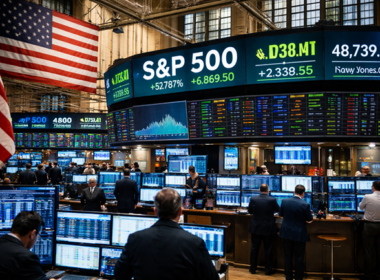 Representative image of traders monitoring market data on the New York Stock Exchange as Wall Street closes higher, with the S&P 500 and Nasdaq rallying amid easing geopolitical tensions after Iran signals openness to talks during the Strait of Hormuz standoff.