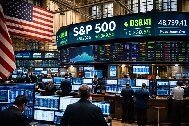 Representative image of traders monitoring market data on the New York Stock Exchange as Wall Street closes higher, with the S&P 500 and Nasdaq rallying amid easing geopolitical tensions after Iran signals openness to talks during the Strait of Hormuz standoff.