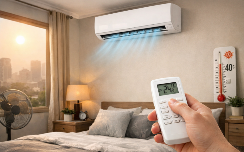 Representative image of a 1.5-ton inverter split air conditioner cooling a bedroom during peak Indian summer heat, illustrating the Carrier ESTER EDGE Gxi review and what buyers should know before choosing a 5-star AC.