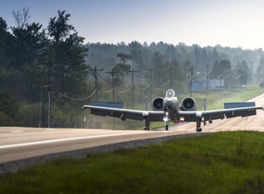 An A-10C Thunderbolt II (Warthog), the United States Air Force's dedicated close air support aircraft, operated across the Air Force, Air Force Reserve Command, and Air National Guard.