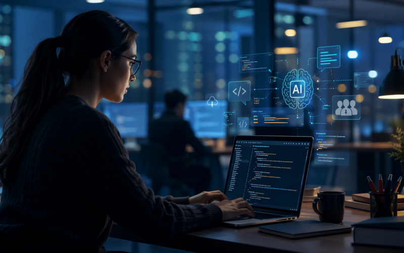 Representative image of AI-assisted software development in an enterprise environment, illustrating why Accenture’s investment in Replit could reshape how large companies build, test, and deploy applications faster.