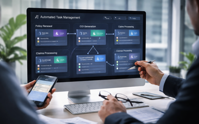 Representative image of an AI-powered insurance agency workflow dashboard, illustrating how COVU OS is aiming to automate policy servicing, task routing, and operational efficiency in insurance distribution.
