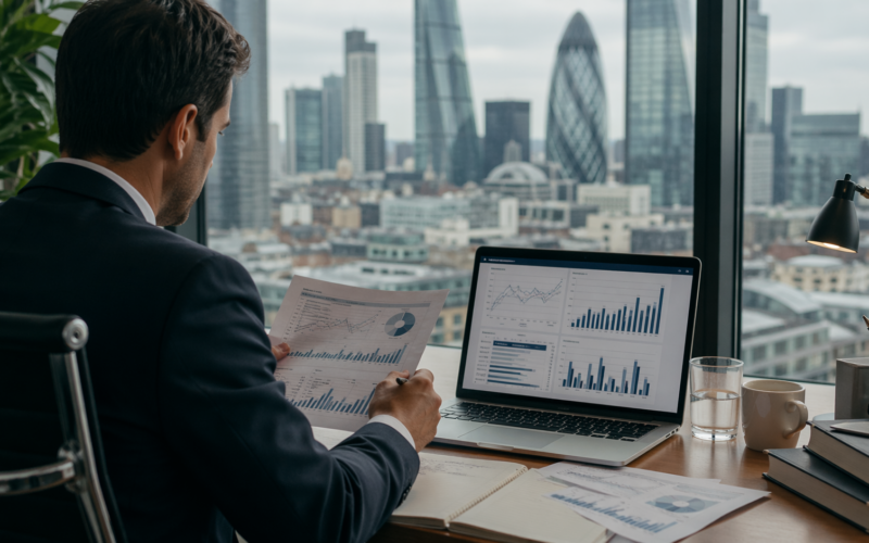 Representative image of a financial analyst reviewing market dashboards and fund flow reports, illustrating why Aberdeen Group plc’s Q1 2026 trading update and ABDN stock outlook remain in focus for investors.