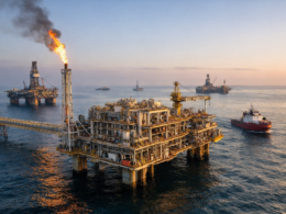Representative image of an offshore gas platform in the Caspian Sea, illustrating the strategic importance of the Absheron gas and condensate field as Azerbaijan advances one of its next major offshore energy developments.