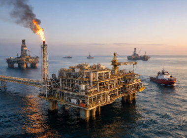 Representative image of an offshore gas platform in the Caspian Sea, illustrating the strategic importance of the Absheron gas and condensate field as Azerbaijan advances one of its next major offshore energy developments.