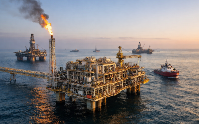 Representative image of an offshore gas platform in the Caspian Sea, illustrating the strategic importance of the Absheron gas and condensate field as Azerbaijan advances one of its next major offshore energy developments.