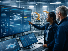 Representative image of engineers using AI-driven factory intelligence dashboards to monitor machine performance and reduce manufacturing downtime, as Accenture plc, Avanade, and Microsoft push agentic factory operations at Hannover Messe 2026.