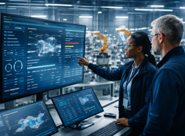 Representative image of engineers using AI-driven factory intelligence dashboards to monitor machine performance and reduce manufacturing downtime, as Accenture plc, Avanade, and Microsoft push agentic factory operations at Hannover Messe 2026.
