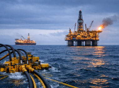 Representative image of an offshore oil platform and subsea infrastructure in the North Sea, illustrating how Aker BP starts production at Symra ahead of schedule and strengthens output from the Eiga area.