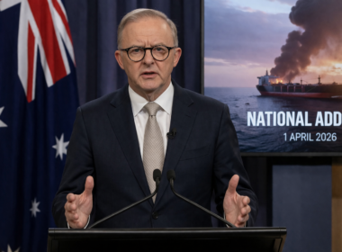 Representative image of an Australian Prime Minister-style national address as Anthony Albanese warns Australians of months-long economic pain, a fuel crisis, and record petrol prices linked to the Middle East war and Strait of Hormuz disruption.