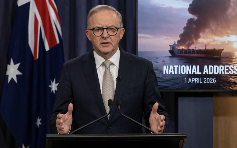 Representative image of an Australian Prime Minister-style national address as Anthony Albanese warns Australians of months-long economic pain, a fuel crisis, and record petrol prices linked to the Middle East war and Strait of Hormuz disruption.