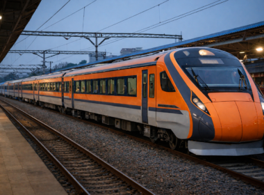 Representative image of a Vande Bharat Sleeper train at a station platform, illustrating Indian Railways’ approval of the Bengaluru-Mumbai Vande Bharat Sleeper service, with full schedule details awaited.