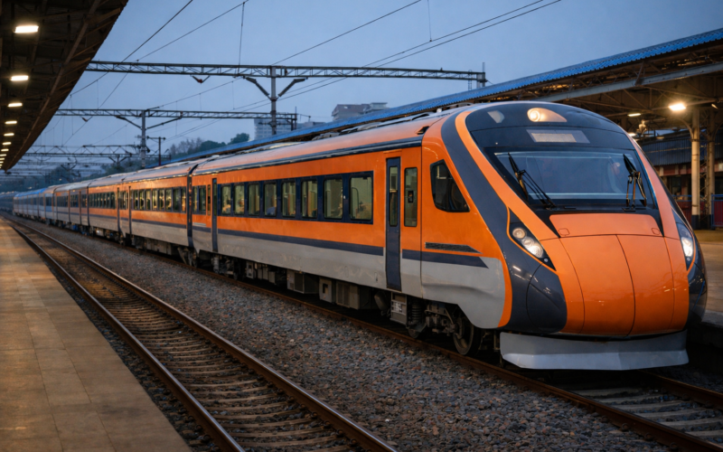 Representative image of a Vande Bharat Sleeper train at a station platform, illustrating Indian Railways’ approval of the Bengaluru-Mumbai Vande Bharat Sleeper service, with full schedule details awaited.