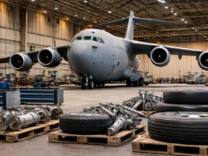 Representative image of a Boeing C-17 Globemaster III during maintenance, illustrating Boeing’s $166.8 million landing gear spares contract modification and the growing strategic importance of military airlift sustainment.