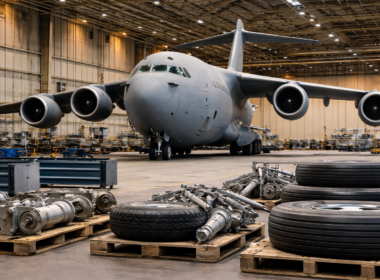 Representative image of a Boeing C-17 Globemaster III during maintenance, illustrating Boeing’s $166.8 million landing gear spares contract modification and the growing strategic importance of military airlift sustainment.