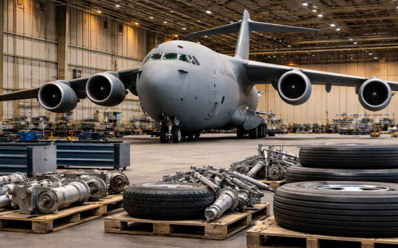 Representative image of a Boeing C-17 Globemaster III during maintenance, illustrating Boeing’s $166.8 million landing gear spares contract modification and the growing strategic importance of military airlift sustainment.