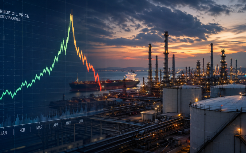 Representative image: Global oil price volatility is reflected through a refinery and crude market chart as Brent crude retreats after hitting a four-year high on U.S.-Iran war fears.